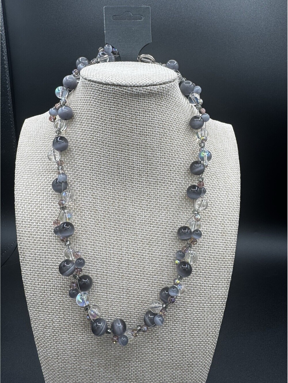 Purple Gray Beaded Statement Necklace Iridescent Crystal Multi Strand Toggle